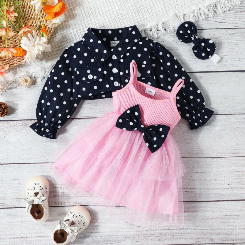 Wholesale European and American polka dot lapel single breasted long sleeved top with camisole bow skirt baby clothes